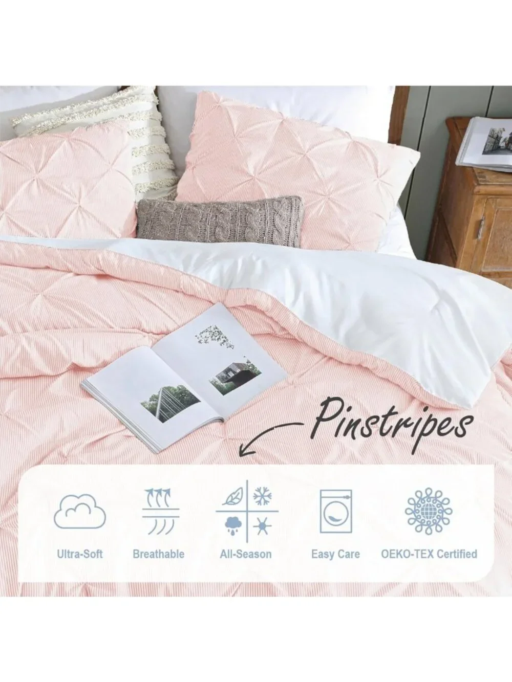Pinstripe Peach Pink Comforter Set - Classic Pintuck 3-Piece Bedding Set